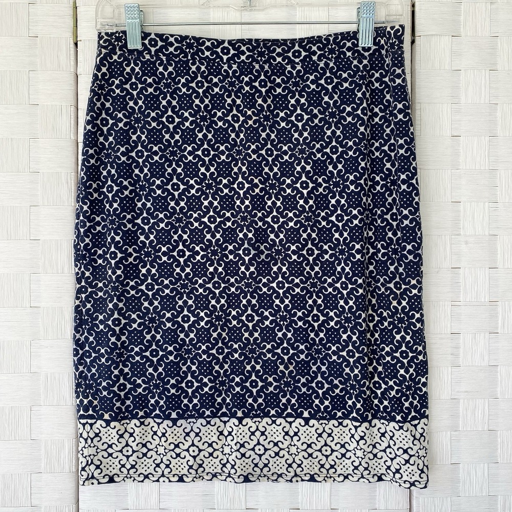Max Studio Pencil Skirt Womens Size S Navy Blue Geometric Tile Print Jersey Knit